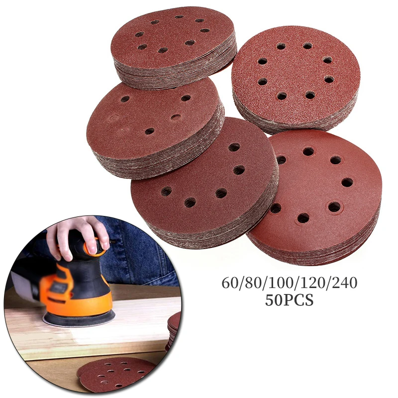 50PCS 5Inch 8 Hole Hook And Loop Round Sanding Disc Sandpaper 60-240 Grit Strong grinding force