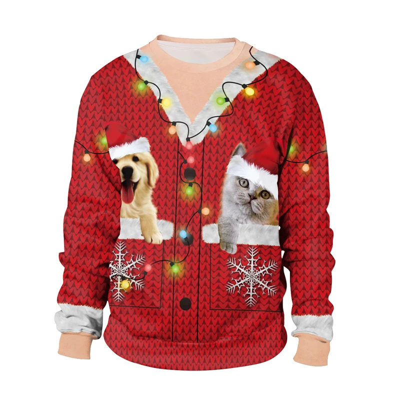 

Cute 3D Cat Dog Printed Ugly Christmas Sweatshirt for Women Funny Snowflake Print Crewneck Ugly Xmas Sweatshirts Plus Size