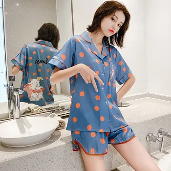 

Summer Ice Silk Pajamas Set Women'S Cute Silk Short-Sleeved Shorts Nightwear Dot Elephant Home Furnishing Lounge Negligee Pajama