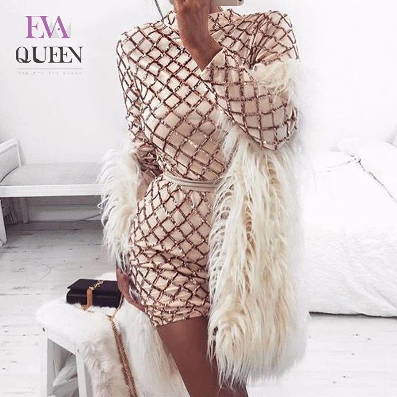 Женское облегающее платье с блестками EvaQueen вечерние мини платья в клетку круглым