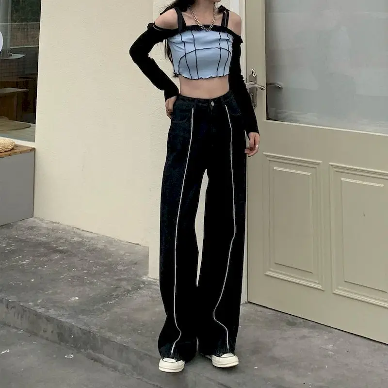 Women Wide-leg Pants Thin High-waist Vertical Line Female Trousers Straight-leg Sports Harajuku Casual Jeans Skateboard Loose