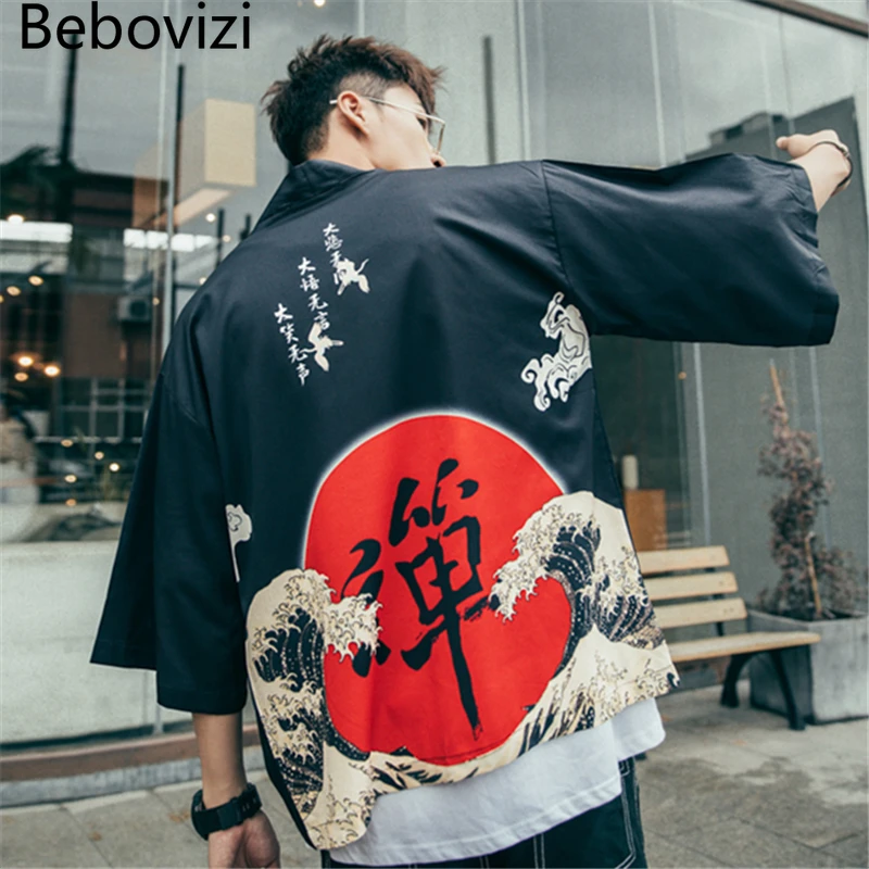 Bebovizi Casual Style Chinese Words Wave Print Cardigan Kimono Jacket Japanese Harajuku Women Men Streetwear Traditional Top