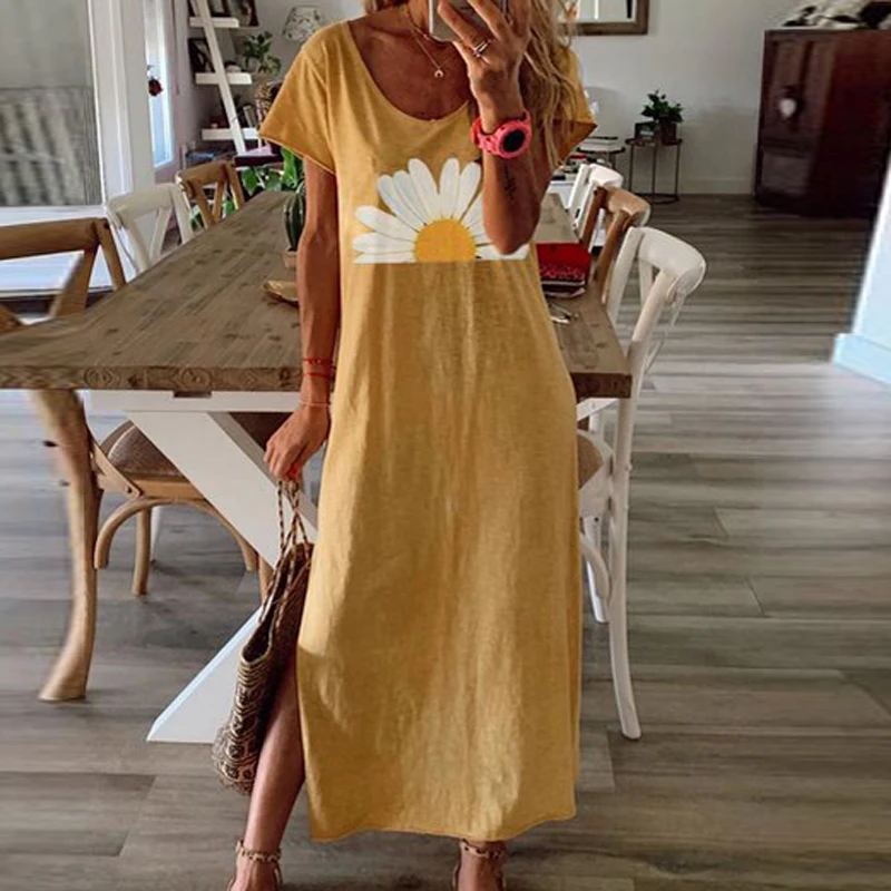 Women Vintage Butterfly Daisy Print Summer Dress Elegant O Neck Short Sleeve Party Dress Ladies Fashion Slit Long Dress Vestidos