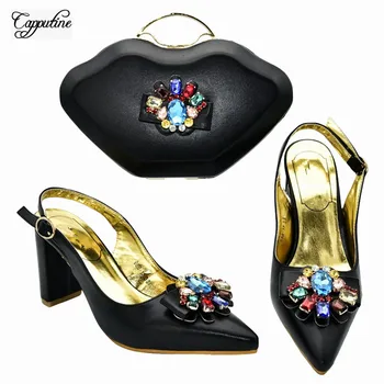 

Graceful black party set high heel pointed toe sandal shoes and bag set with stones 688-17 heel height 8.5cm