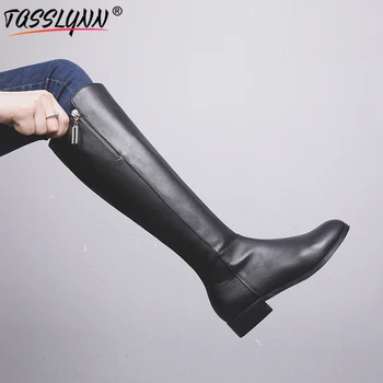

TASSLYNN 2019 Round Toe Square Heel Winter Shoes Zipper Riding Boots Women Knee High Boots Real Leather /PU Winter Shoes Size 42