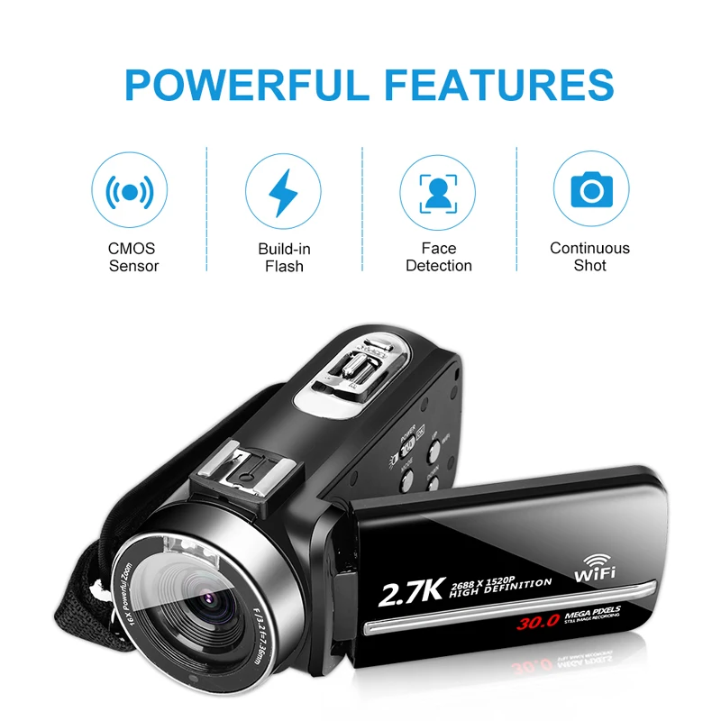  KOMERY Video Camera 3000W Pixel 16X Digital Zoom 3.0 Inch Touch Screen Support WIFI With Wide-angle