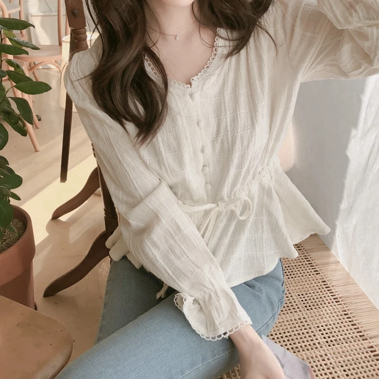 Camisas Mujer, длинный рукав, одноцветная блузка, женская рубашка с расклешенными рукавами, уличная одежда, Свободный кардиган, женская блуза, топы с v-образным вырезом, 6875 50