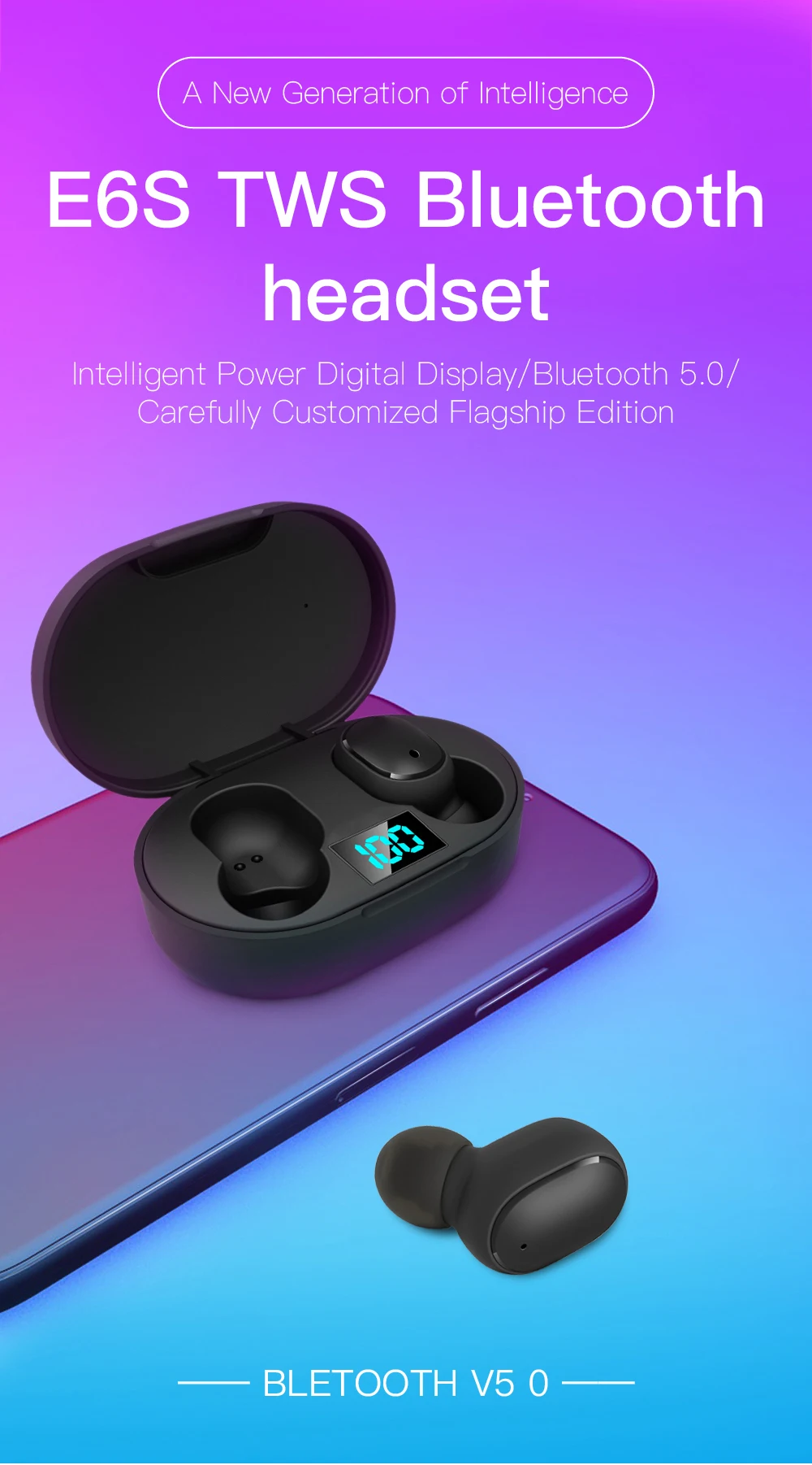 E6S TWS Bluetooth 5.0 Headphones True Wireless Earbuds In Ear Handsfree Stereo Earphones Sports Waterproof Headset with Mic