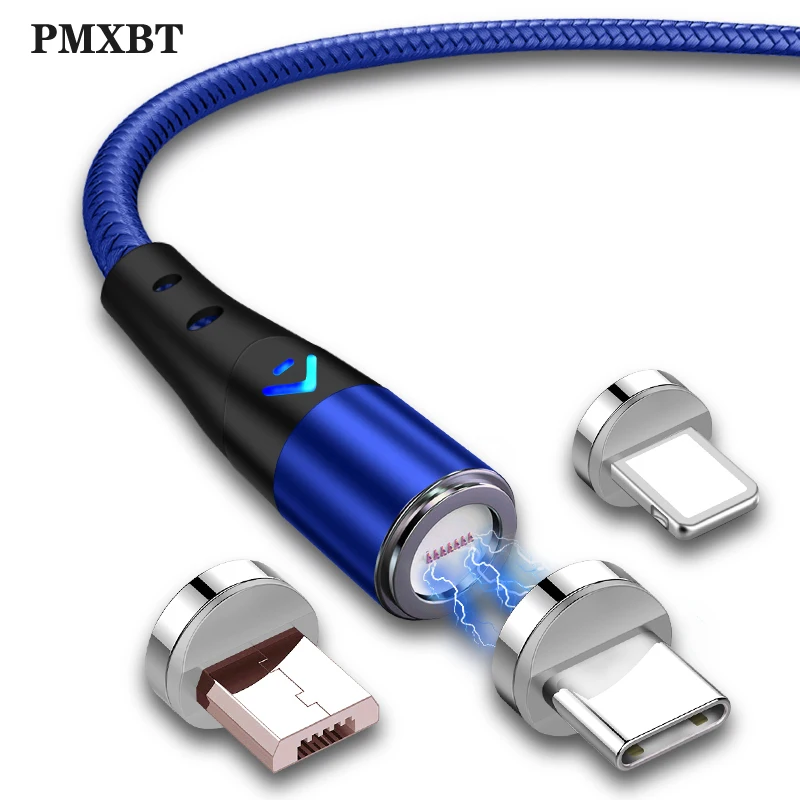 Магнитный кабель для iPhone, samsung, Xiaomi 3A, светодиодный кабель Micro USB для быстрой зарядки, USB-C, type C, 1 м/2 м, магнитный шнур для зарядки телефона