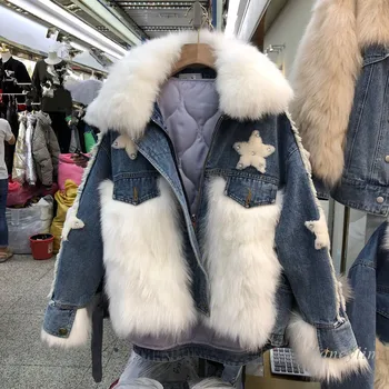 

Winter Denim Jacket for Women Cotton Coat European Style Rhinestone Five-Pointed Star Genuine Fox Fur Collar Jean Overcoat