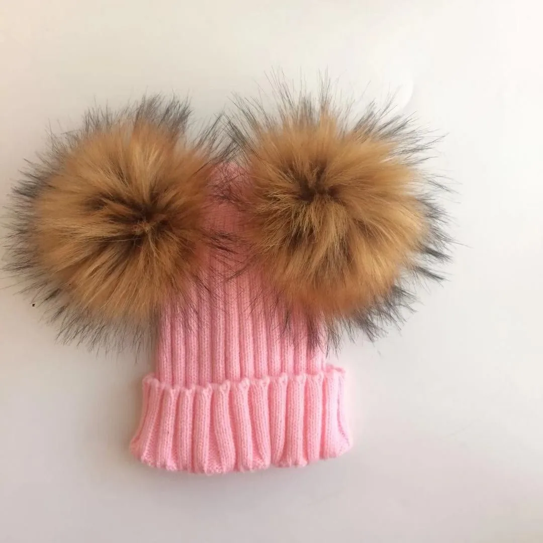 pink 2 Детская зимняя шапка из искусственного меха для малышей, Шапка-бини с 2 двумя помпонами, помпонами, ушками, забавная шапка для мальчиков и девочек - Цвет: pink 2