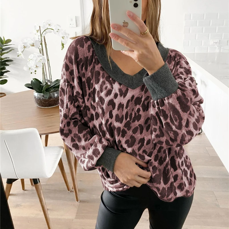 

Leopard V-Neck Autumn Winter T-Shirt Fashion Long Sleeve Plus Size Loose Women Pullover t Shirt Casual Female Street Tee Tops