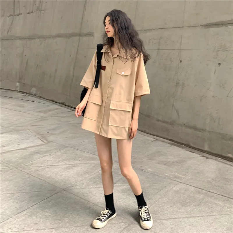 Летняя женская одежда новая брендовая корейская мода Harajuku стиль сафари блузка отложной воротник карманы Свободные повседневные хипстерские рубашки