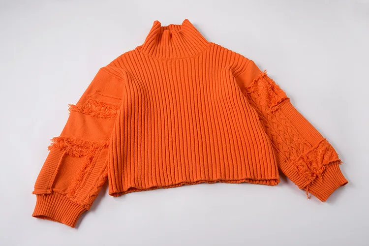 autumn winter woman Loose high collar pullover lazy bright orange hole wearing sweater female knitted sweaters tops