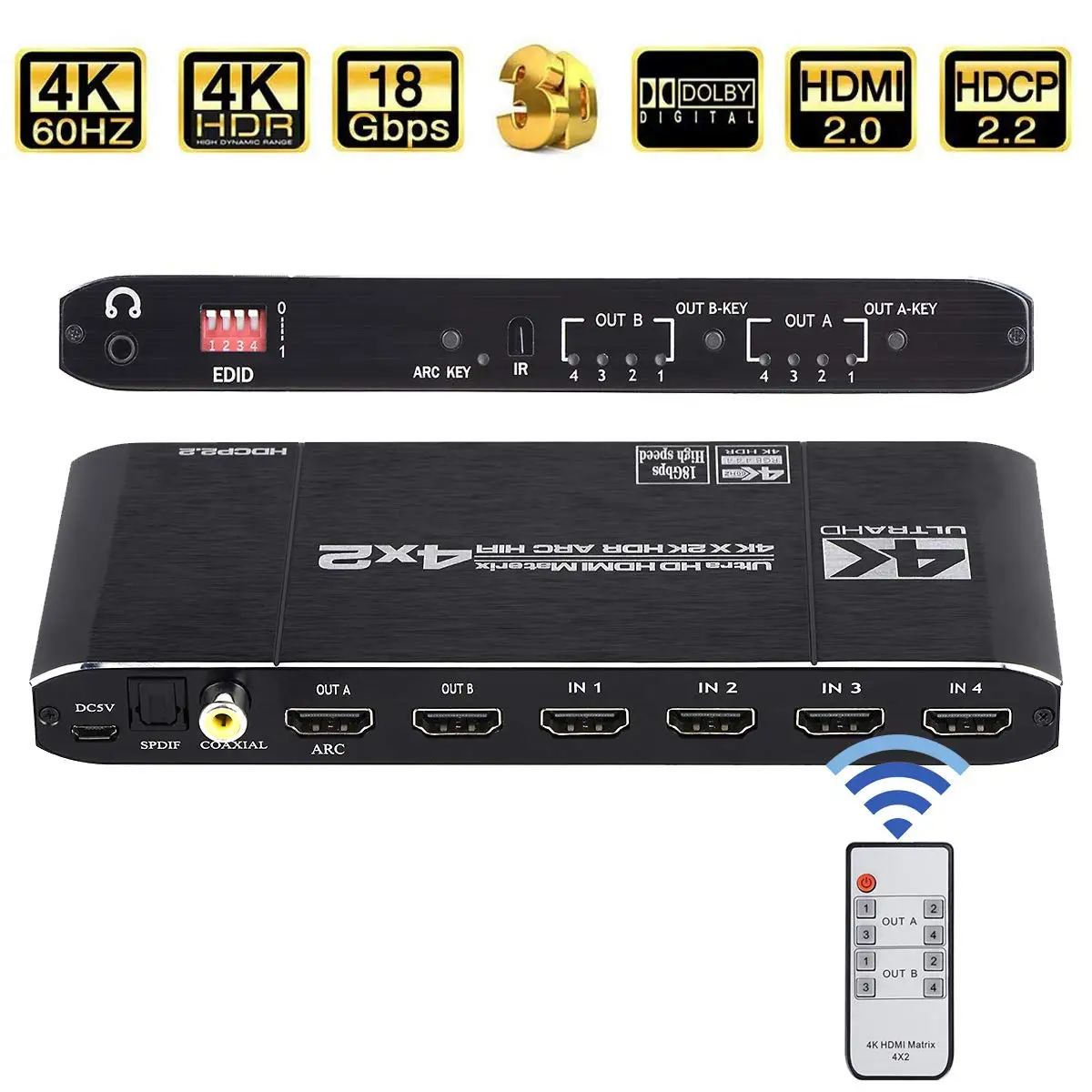 HDMI-совместимый переключатель KEBIDU 4K @ 60 Гц 4x2 18 5 Гбит/с SPDIF и L/R 3 мм HDR-переключатель