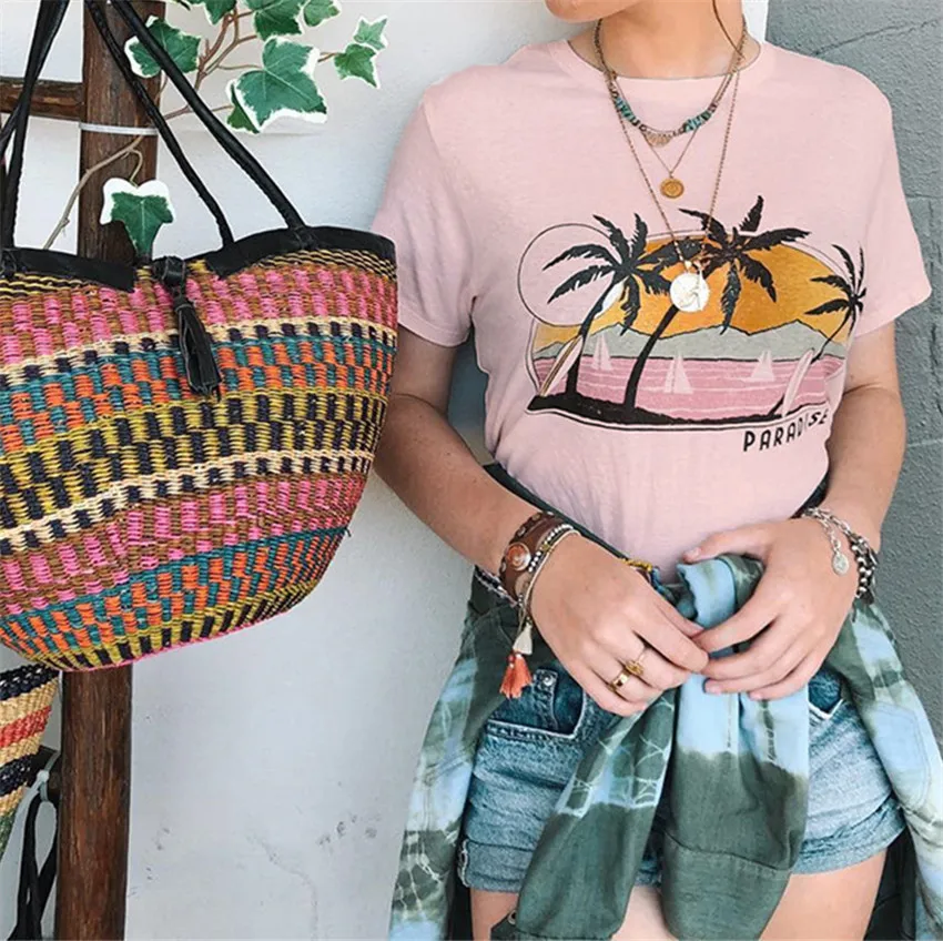 Pink T Shirt Women Summer Tops Tee Fashion Beach Print T-shirt Casual Summer Short Sleeve Top Women O-neck Tee Shirt Soft Cotton