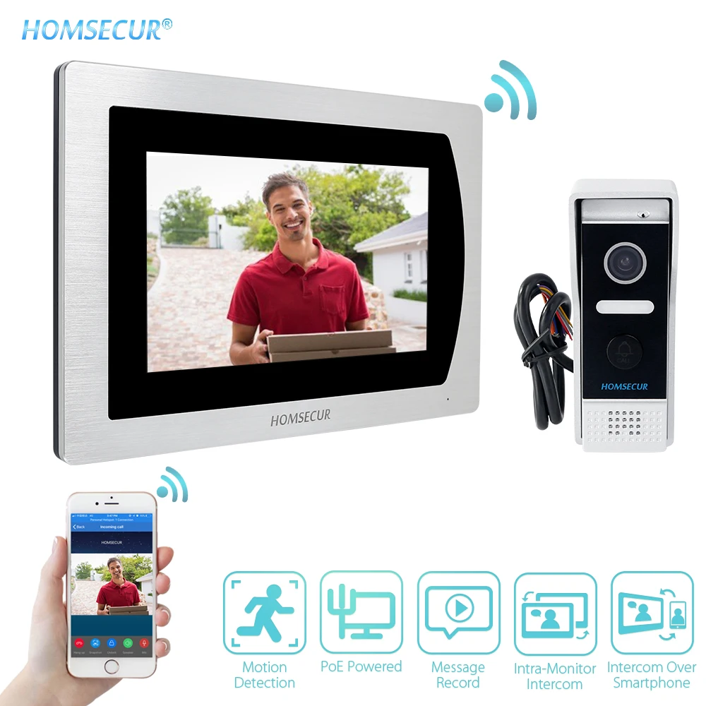 HOMSECUR 7\ PoE WIFI Video Door Entry Phone Call System with Voice Message Waterproof Outdoor Camera Remote Unlock Supported