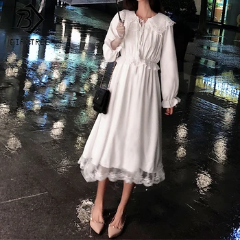 

Elegant White Long Sleeve Dress 2020 Spring Women Casual Solid Peter Pan Collar A-line Mid Long Dress D9N604M