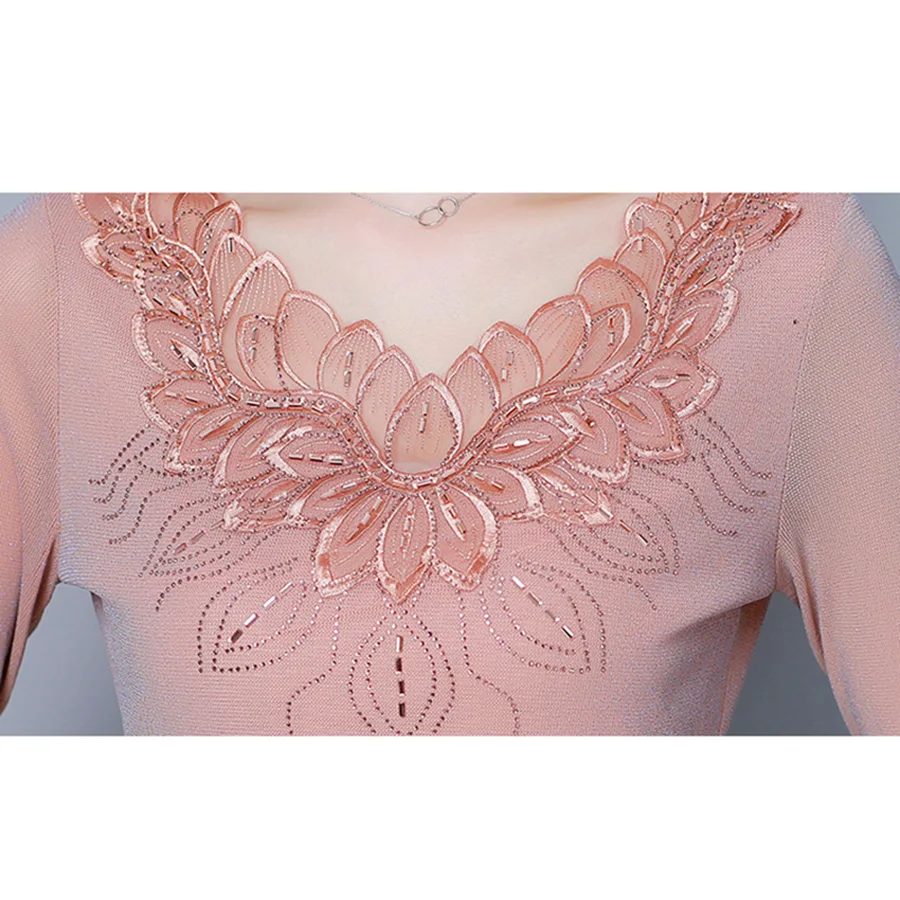  Lace blouse bottoming fashion shirt slim 2019 new autumn women long sleeve Diamonds mesh blouse shi