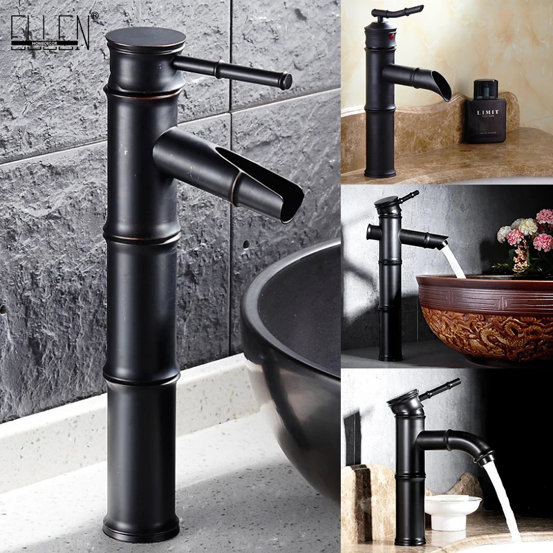 Deck Mounted Alto Lavandino Rubinetto Del Bagno Nero Miscelatore Acqua Calda E Fredda Gru Di Bambù Rubinetti Del Bagno Olio Macerie Bronzo El7234