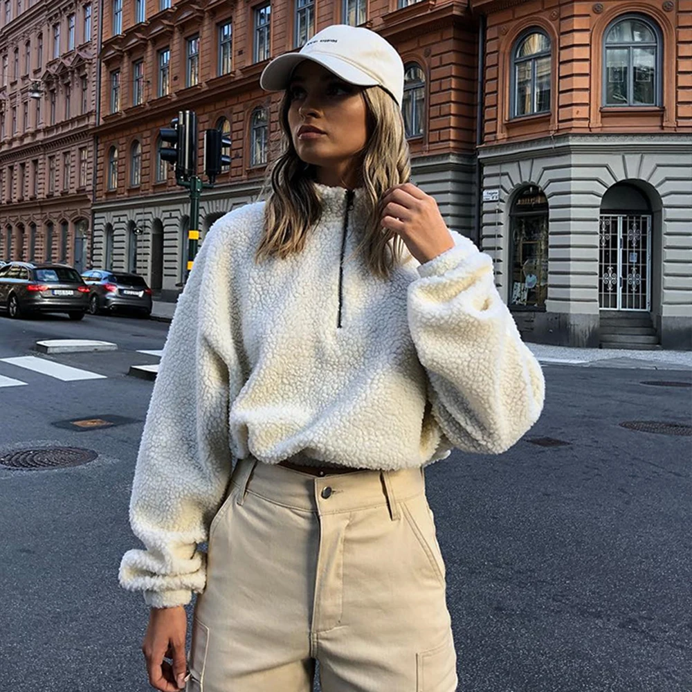 Cropped Jacket Long Sleeve Zipper High Neck Faux Lambswool Women's Spring Autumn Solid Color Casual Chaqueta Mujer |