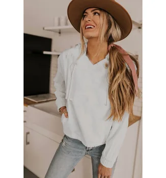 

clothing OWLPRINCES 2019 Autumn New Solid Color Long-Sleeved V-neck Hooded Sweater Women