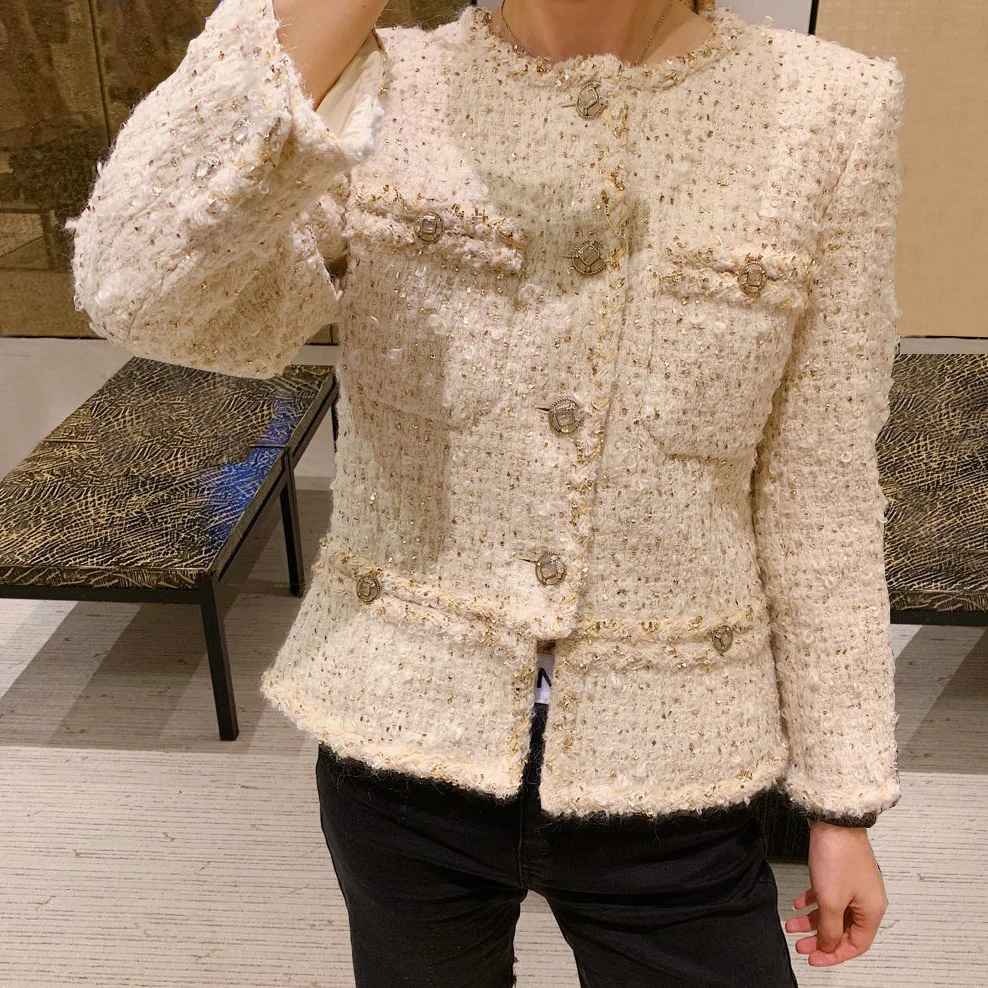 

2019 autumn runway celebrity women single breasted o-neck twist tweed coats lurex high quality weave jackets y382