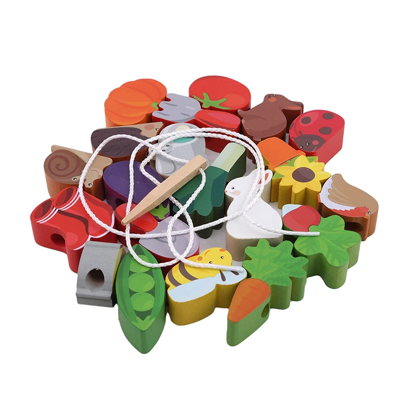 Бусины игрушки животные фрукты деревянный блок деревянные игрушки нанизывая резьба Бисер для игр раннее образование игрушка для детей