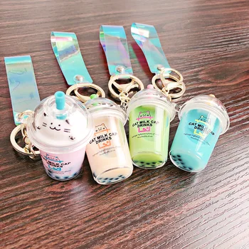 

New Cartoon Cute Cat Car Keychain Creative Milk Tea Cup Liquid Crystal Quicksand Sequin Key Ring Bag Pendant for Women Bag Key