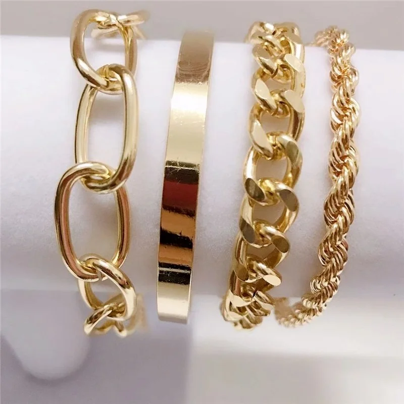 Simple 4pcs Punk Curb Cuban Chain Bracelets Set for Women Miami Boho Thick Gold Color Charm Bracelets Bangles Fashion Jewelry