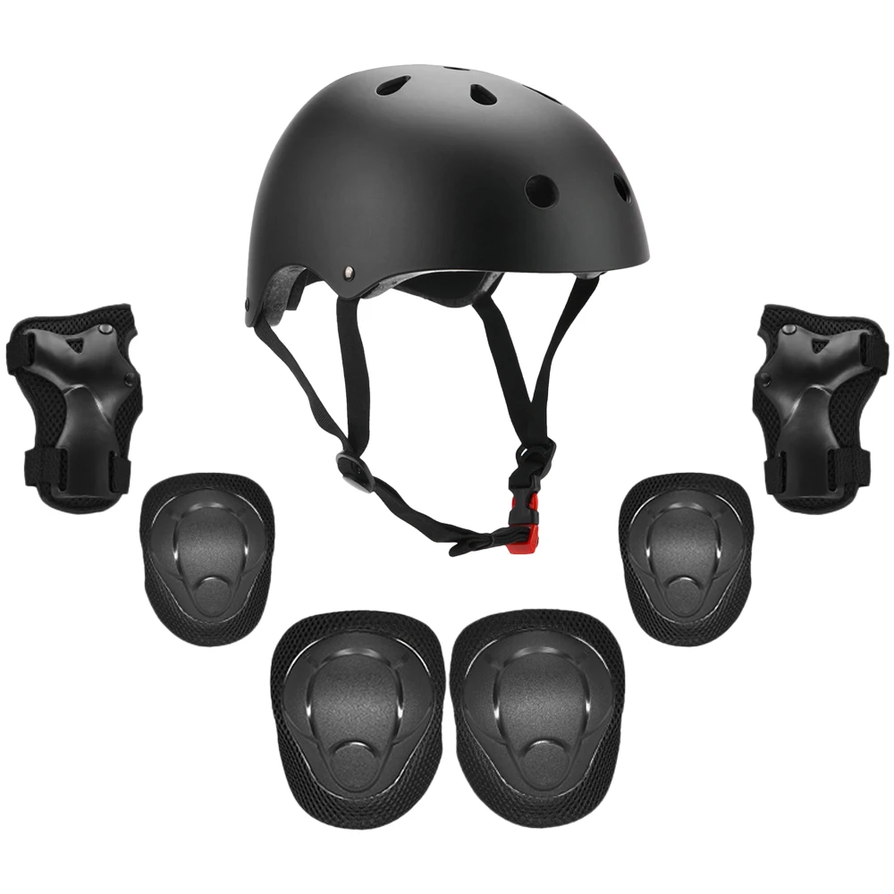 Дети 7 в 1 шлем колодки набор лыжный шлем безопасный скейтборд лыжный шлем для сноуборда регулируемые детские накладки на колени локти колодки запястья - Цвет: Черный
