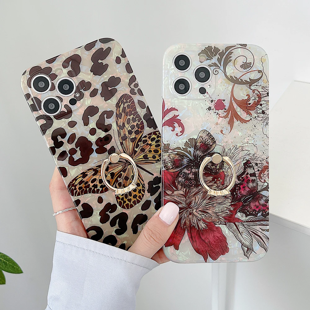 Dream Shell Retro Butterfly Flower Phone Case With Ring Stand For iPhone 13 12 11 Pro Max XS Max XR X 7 8 Plus Soft IMD Cover