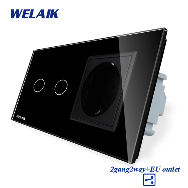 WELAIK 2frame-панель из кристаллического стекла-настенный выключатель-ЕС сенсорный экран-ЕС настенная розетка 2ганг-2way AC250V A29228ECW/B - Цвет: Black