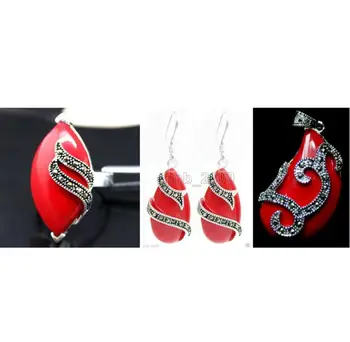 

Free Shipping Unique Red Carved Lacquer Marcasite 925 Sterling Silver Ring(#7-10) Earrings & Pandent jewelry sets