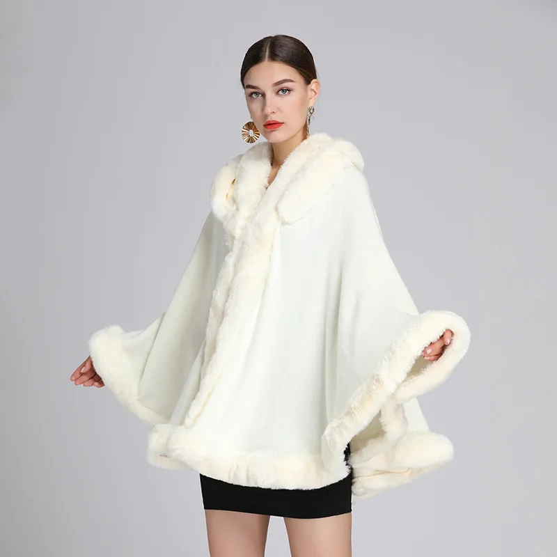 2021 Winter Women Poncho Big Faux Fur Collar Long Tassel Cape Thick Warm Faux Woolen Plus Velvet Outside Coat With Hat
