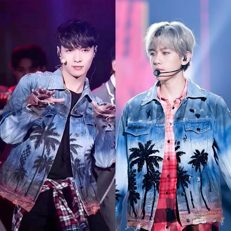 Mainlead KPOP EXO BAEKHYUN Lay Concert в том же стиле джинсы джинсовые рубашки пальто куртка