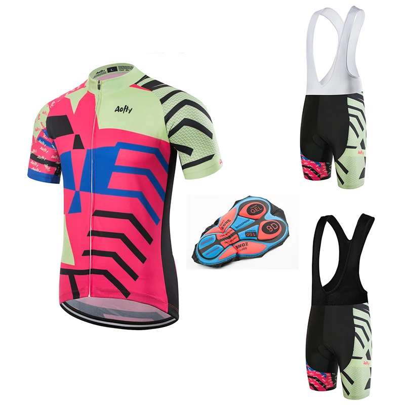 Aofly Pink green couple short-sleeved cycling sets Comfortable breathable and quick-drying mens bib shorts bicycle clothing A004 | Спорт и