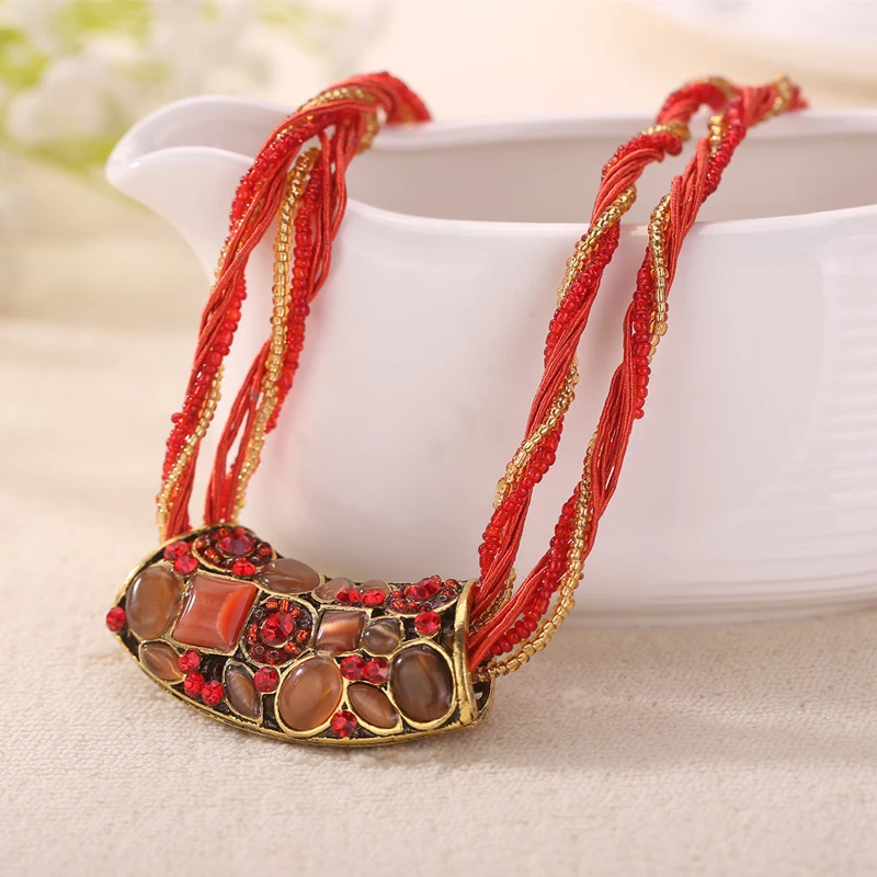 ELIfashion ретро ожерелье в богемном стиле многослойная цепочка с бусинами Кристалл Зерно отрасли красочные смолы в форме полосы кулон ожерелье - Окраска металла: red