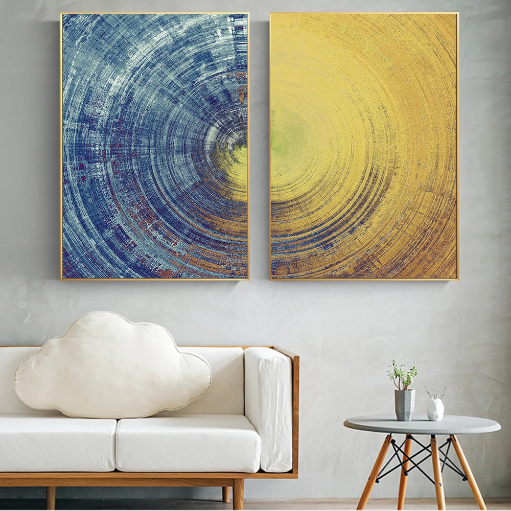 Абстрактная Картина на холсте с синими и желтыми кругами современные постеры