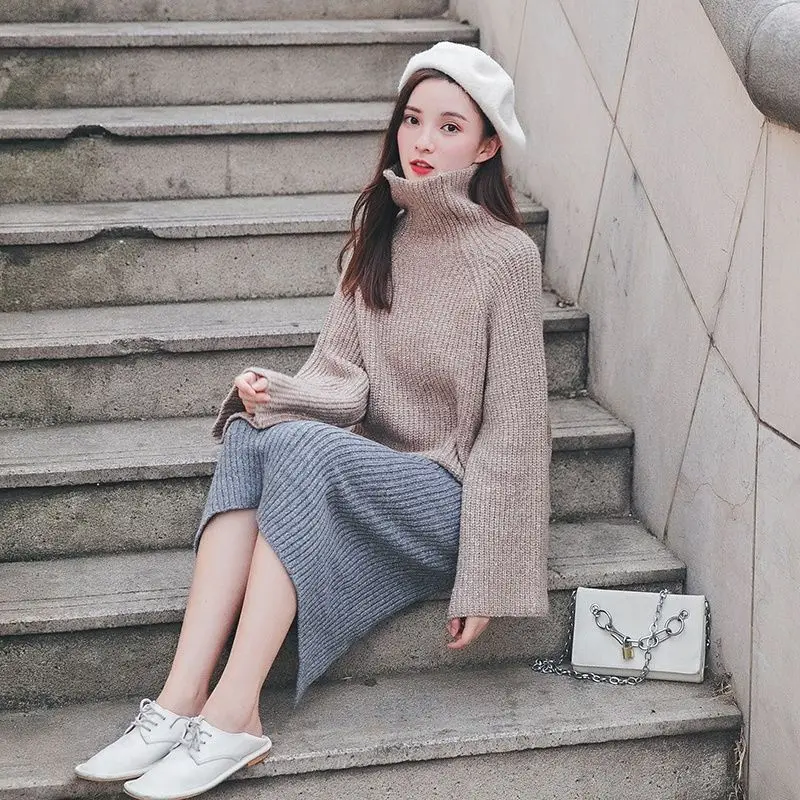 2018 New Net Red Sweater Skirt Two-piece Suit Winter Turtleneck Thick Wool Women's Lazy Wind Loose Autumn |