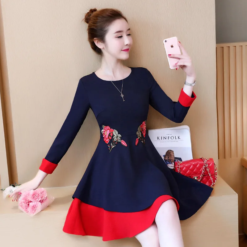 

Large Size Dress 2019 Autumn Embroided Dress Slim Fit Long Sleeve Crew Neck Mixed Colors Big Skirt