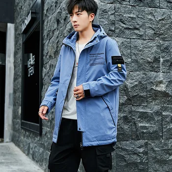 

2020 Autumn Men Coat Windbreaker Leisure Student Slim Fit Season Medium Length Money Lian Cap Jacket Male