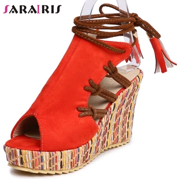 

SaraIris ethnic lady summer sandals platform high wedge ankle strap peep toe sandals women mixed color retro shoes woman
