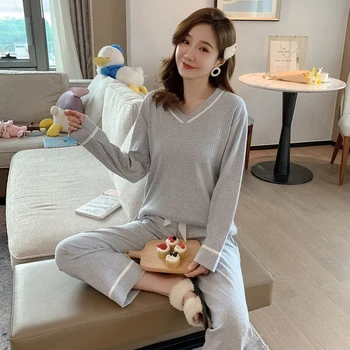 

Spring Autumn Cotton Women Sleepwear Set Students Girls Shirt + Pants Pajamas Suits Ladies Female Sleep Lounge Ladies Home Wear