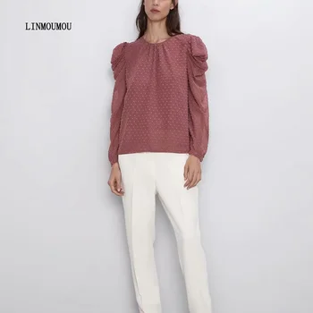 

Women's Chiffon Shirt Round Neck Solid Color Polka Dot Top Puff Sleeve Semi-Perspective Top