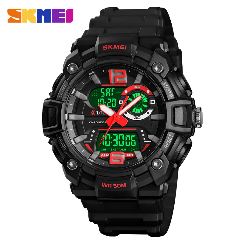 Red SKMEI 1529 мужские цифровые часы 3 времени спортивные часы обратного отсчета задняя подсветка хронограф водонепроницаемые мужские наручные часы Relogio Masculino - Цвет: Red