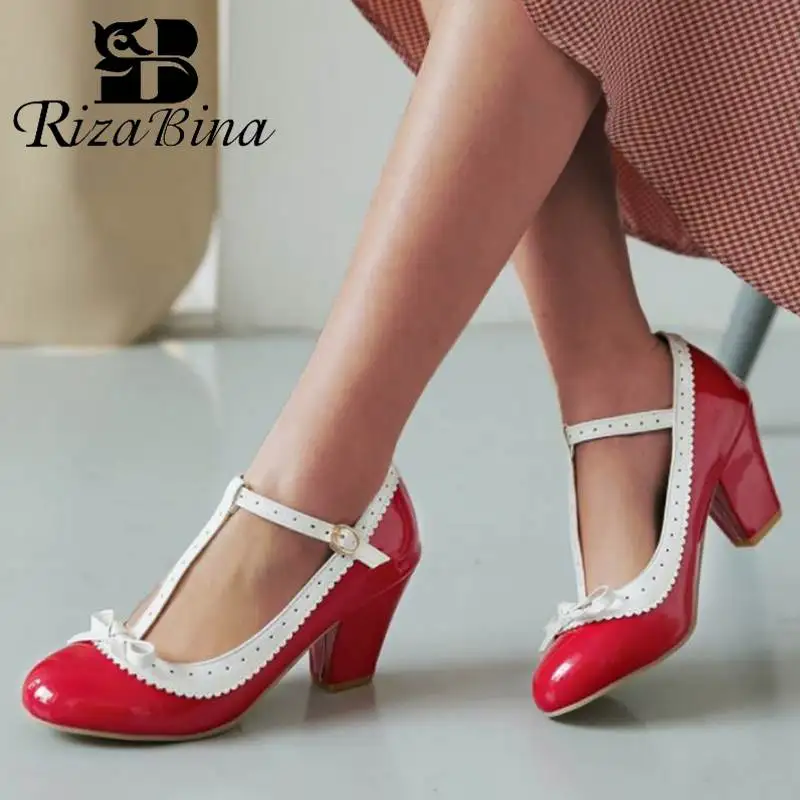 

RizaBina Size 32-48 5 Colors Fashion Women Pumps Shoes Thick Heels Round Toe Shoes Women Sweet Bowknot Buckle Lady Footwear