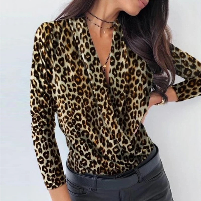 Осенняя блузка с буквенным принтом и рюшами, рубашки, женские повседневные сексуальные пуловеры с v-образным вырезом и длинным рукавом, элегантные тонкие базовые рубашки, Прямая поставка - Цвет: Leopard