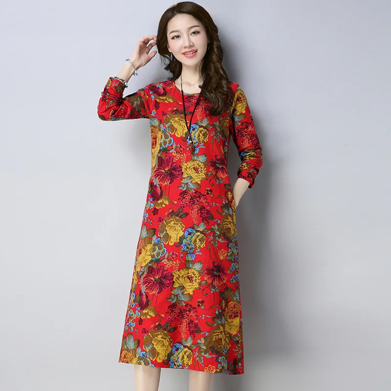 

2018 New Style Retro Large Size Cotton Linen Printed Long-sleeved Dress WOMEN'S Dress Mid-length Loose-Fit Base Skirt Women's