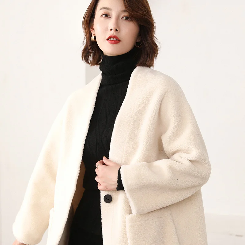 beige white Женское пальто из искусственного меха, теплая верхняя одежда, плюшевый воротник, свободная Меховая куртка, зимнее пальто из шерсти, Свободный кардиган, Однотонный женский топ - Цвет: beige white